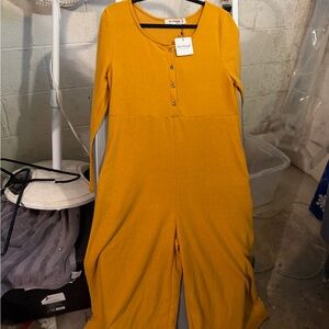 Three Bird Nest Mustard Jumpsuit with Henley Buttons